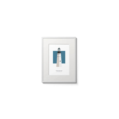 Illustration of the Portland Head lighthouse, Maine,  USA. On a white background with aqua blue square as a backdrop., in a white frame and measuring 12"x16" (30x40cm).