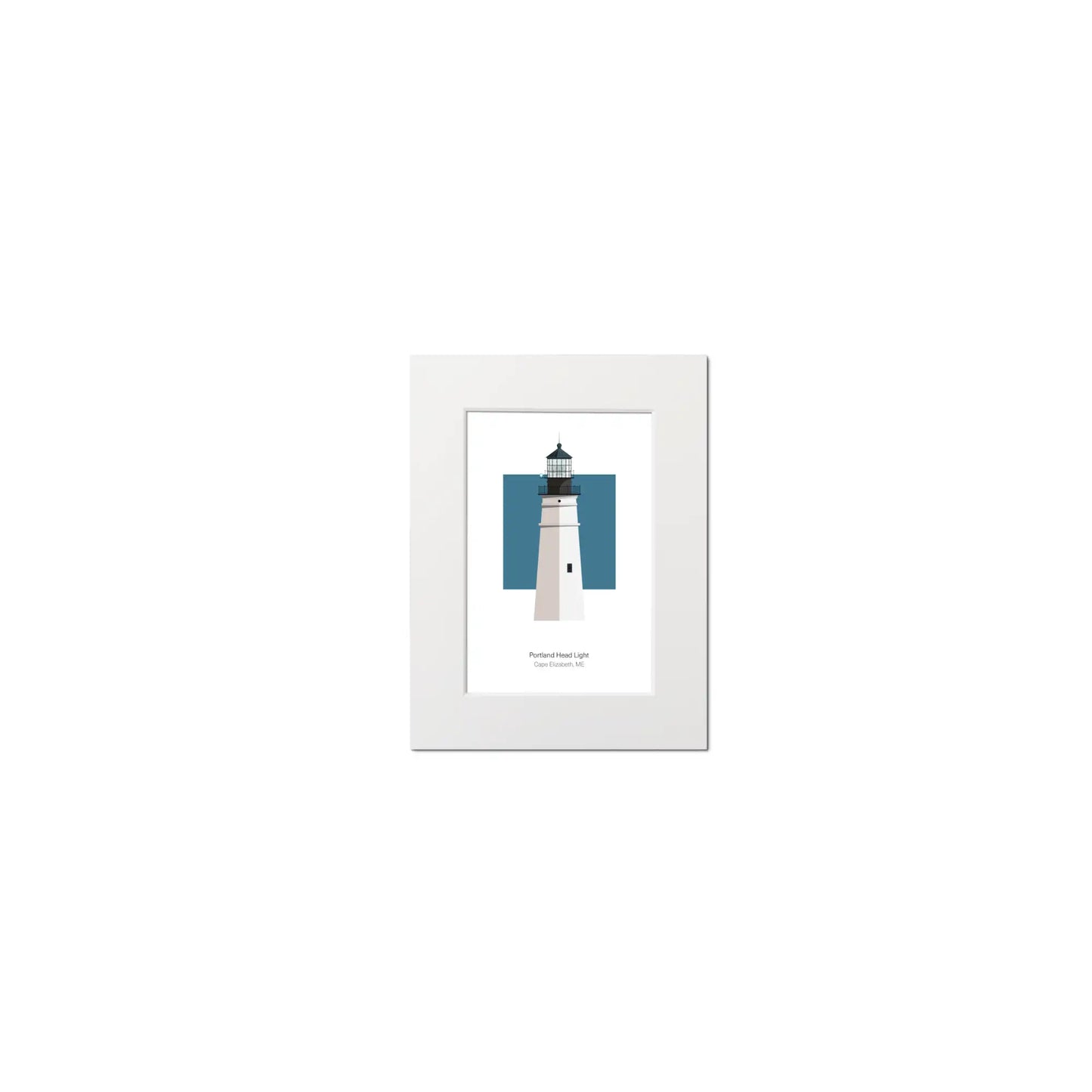 Illustration of the Portland Head lighthouse, Maine,  USA. On a white background with aqua blue square as a backdrop, mounted and measuring 16"x 20" (40x50cm).