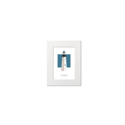 Illustration of the Portland Head lighthouse, Maine,  USA. On a white background with aqua blue square as a backdrop, mounted and measuring 16"x 20" (40x50cm).