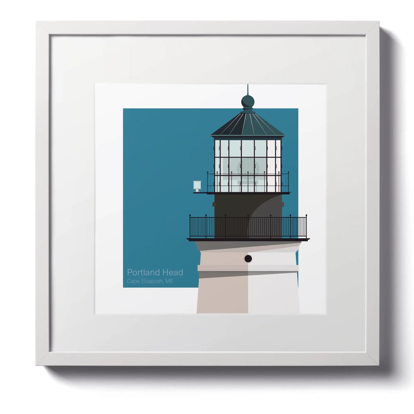 Large framed print of Portland Head Lighthouse, ME, USA. A 12"x12" (30x30cm) framed nautical illustration for coastal homes.