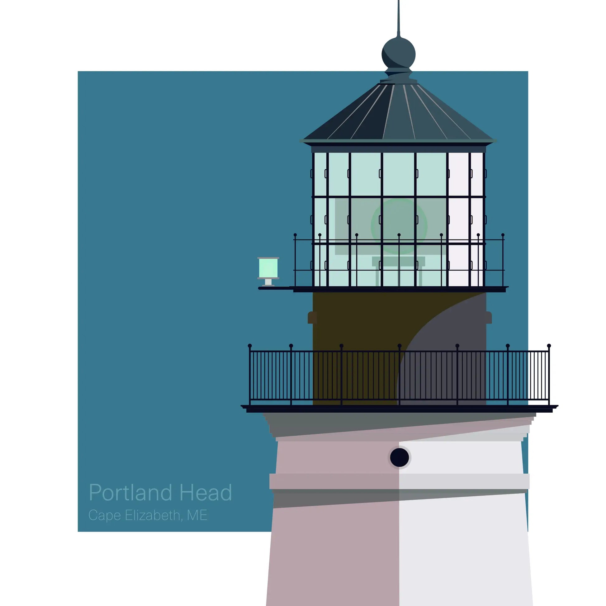 Illustration of Portland Head Lighthouse, Maine, USA. A classic white lighthouse with a black lantern, set against an aqua blue square backdrop.