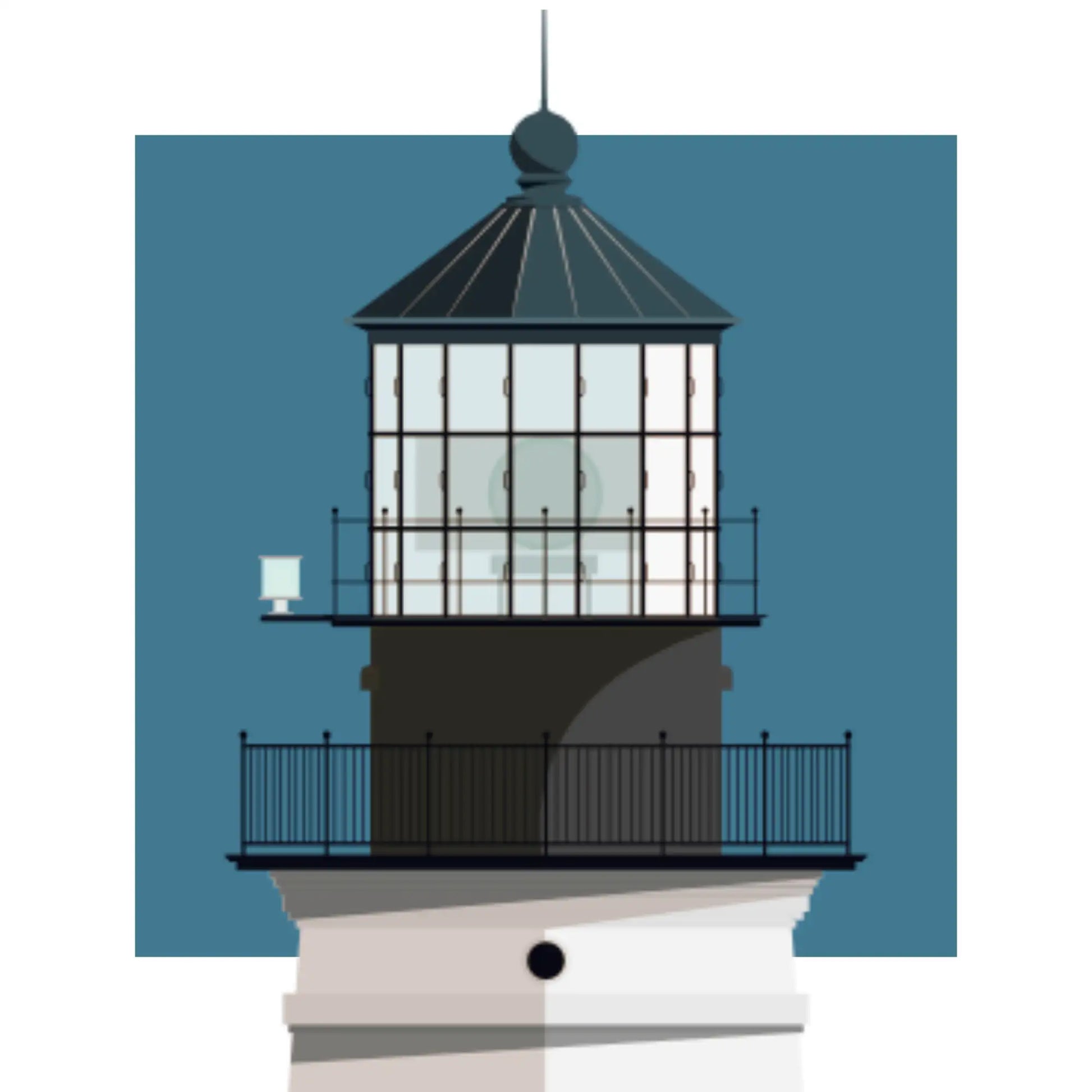 Illustration of the Portland Head lighthouse, Maine,  USA. On a white background with aqua blue square as a backdrop.