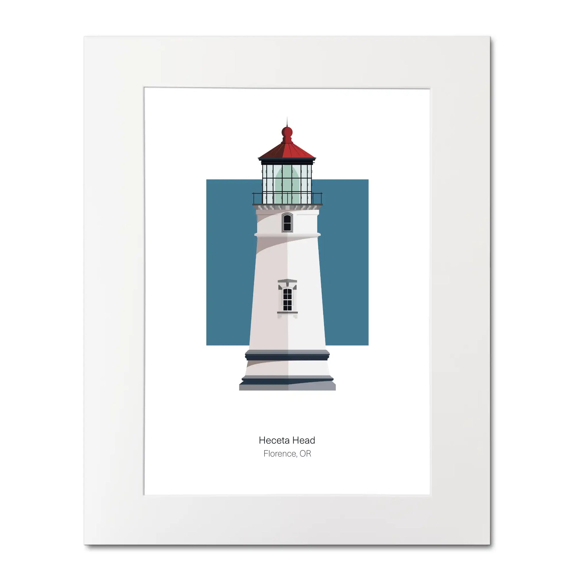 Illustration of the Heceta Head, Oregon,  USA. On a white background with aqua blue square as a backdrop, mounted and measuring 16"x 20" (40x50cm).