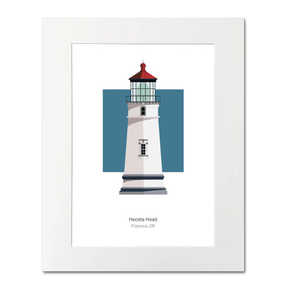 Illustration of the Heceta Head, Oregon,  USA. On a white background with aqua blue square as a backdrop, mounted and measuring 16"x 20" (40x50cm).