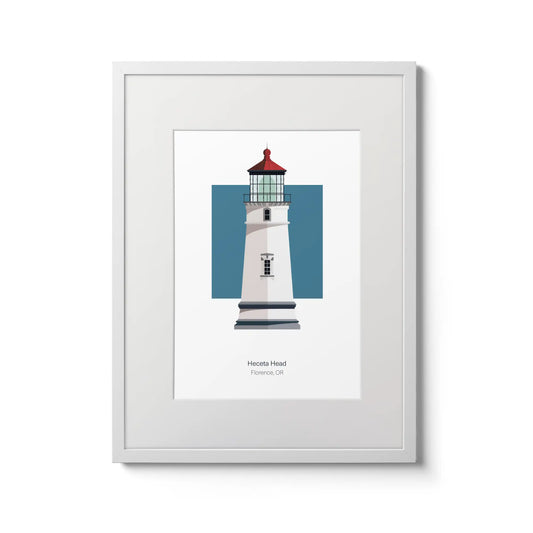 Illustration of the Heceta Head, Oregon,  USA. On a white background with aqua blue square as a backdrop., in a white frame and measuring 12"x16" (30x40cm).