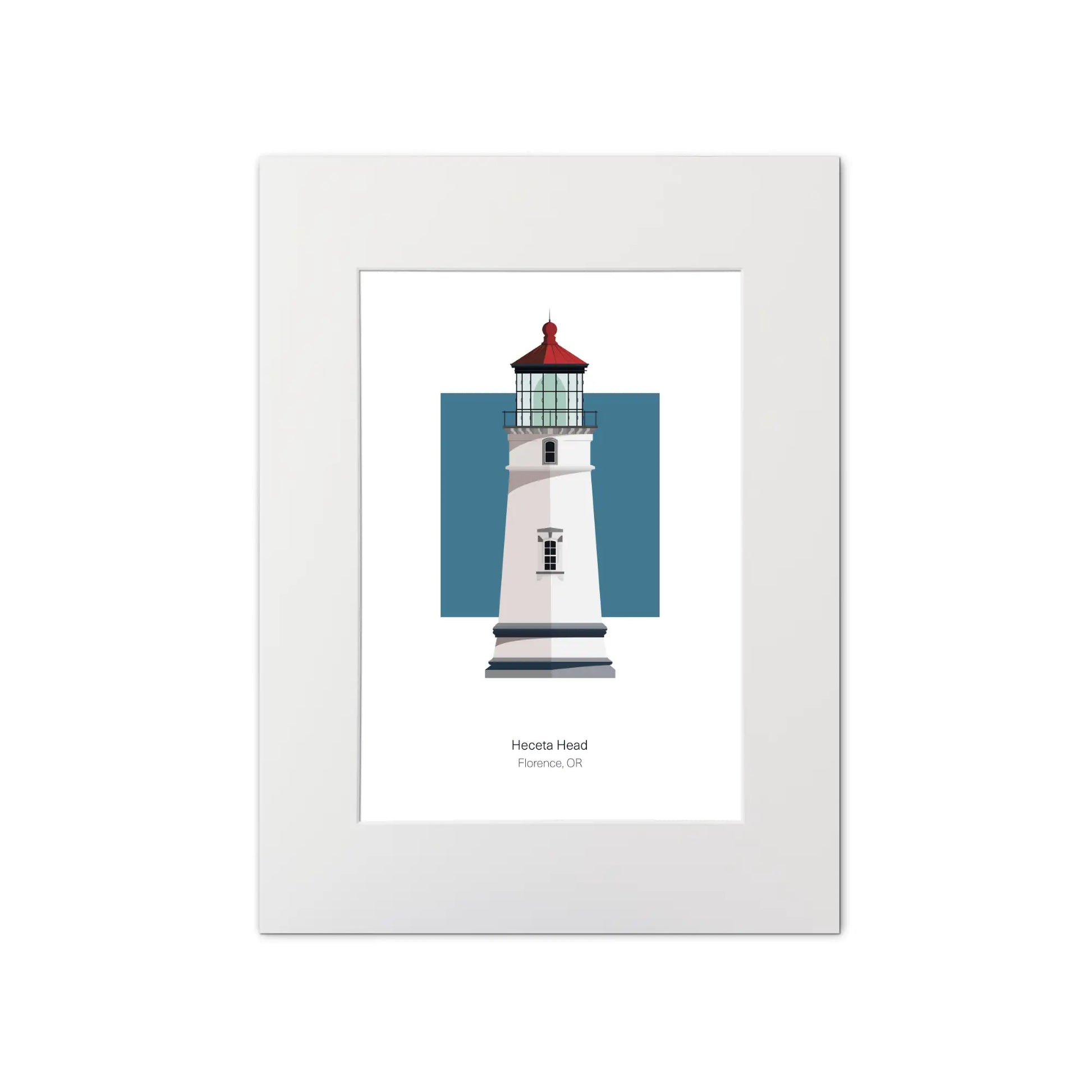 Illustration of the Heceta Head, Oregon,  USA. On a white background with aqua blue square as a backdrop, mounted and measuring 12"x16" (30x40cm).