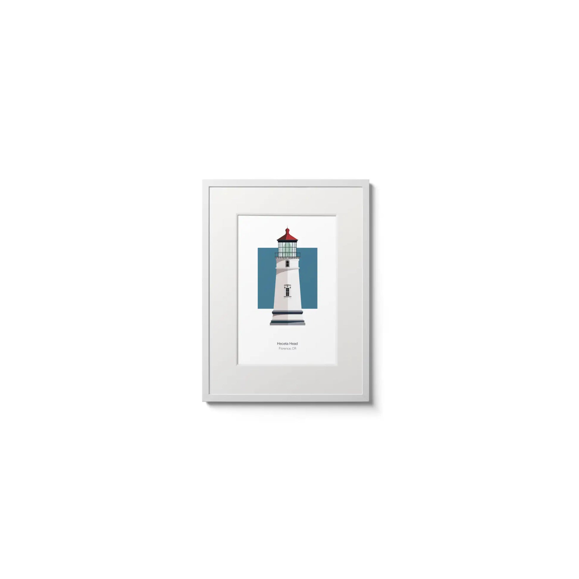 Illustration of the Heceta Head, Oregon,  USA. On a white background with aqua blue square as a backdrop, in a white frame and measuring 6"x8" (15x20cm).