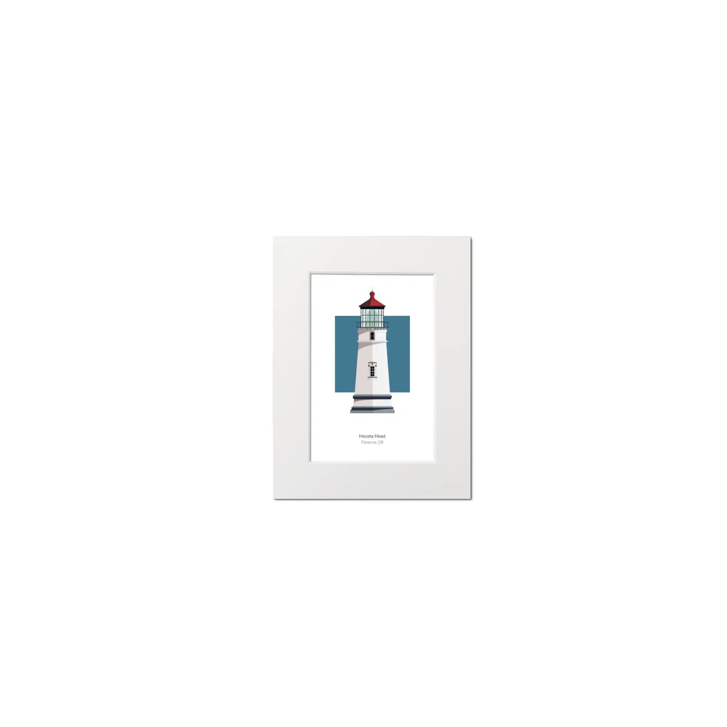 Illustration of the Heceta Head, Oregon,  USA. On a white background with aqua blue square as a backdrop, mounted and measuring 6"x8" (15x20cm).