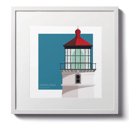 Large framed print of Heceta Head Lighthouse, OR, USA. A 12"x12" (30x30cm) framed lighthouse illustration for ocean lovers.