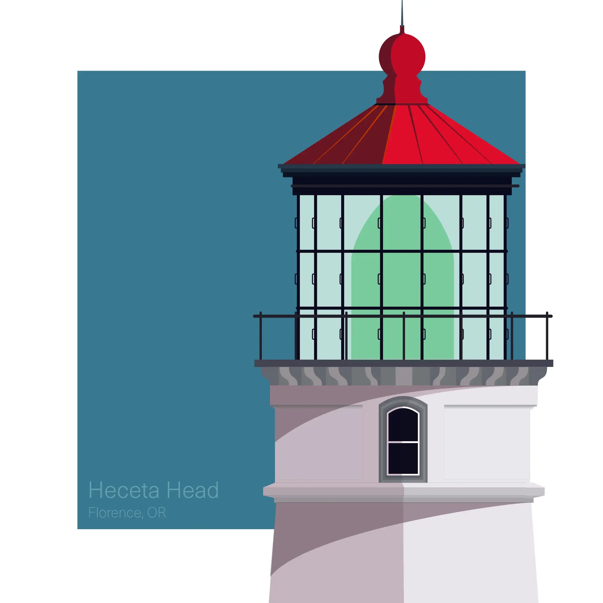 Illustration of Heceta Head Lighthouse, Oregon, USA. A white cylindrical tower with a red roof, positioned against an aqua blue square backdrop.