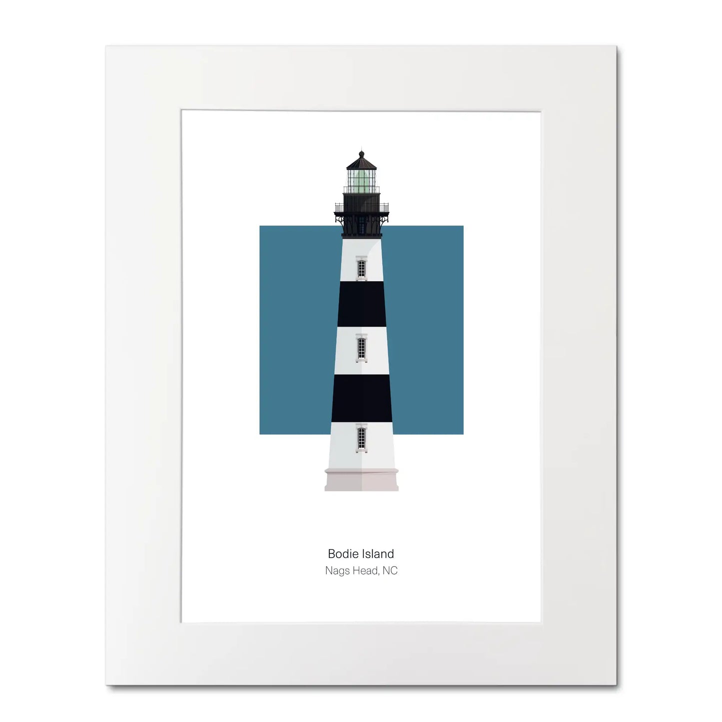 Illustration of the Bodie Island lighthouse, North Carolina, USA. On a white background with aqua blue square as a backdrop, mounted and measuring 16"x 20" (40x50cm).