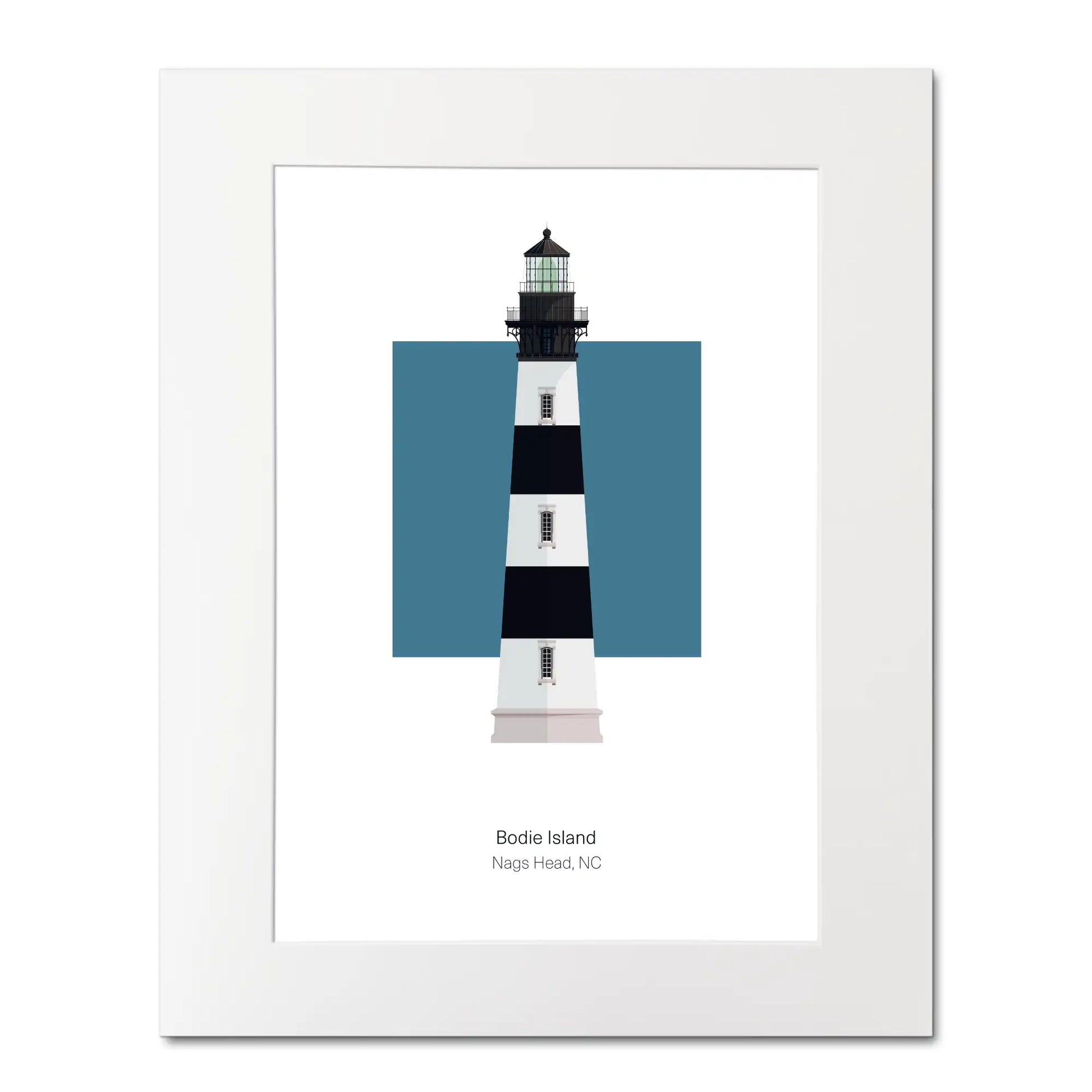 Illustration of the Bodie Island lighthouse, North Carolina, USA. On a white background with aqua blue square as a backdrop, mounted and measuring 16"x 20" (40x50cm).