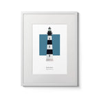 Illustration of the Bodie Island lighthouse, North Carolina, USA. On a white background with aqua blue square as a backdrop., in a white frame and measuring 12"x16" (30x40cm).