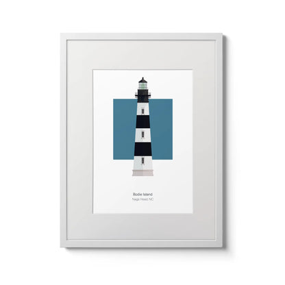 Illustration of the Bodie Island lighthouse, North Carolina, USA. On a white background with aqua blue square as a backdrop., in a white frame and measuring 12"x16" (30x40cm).