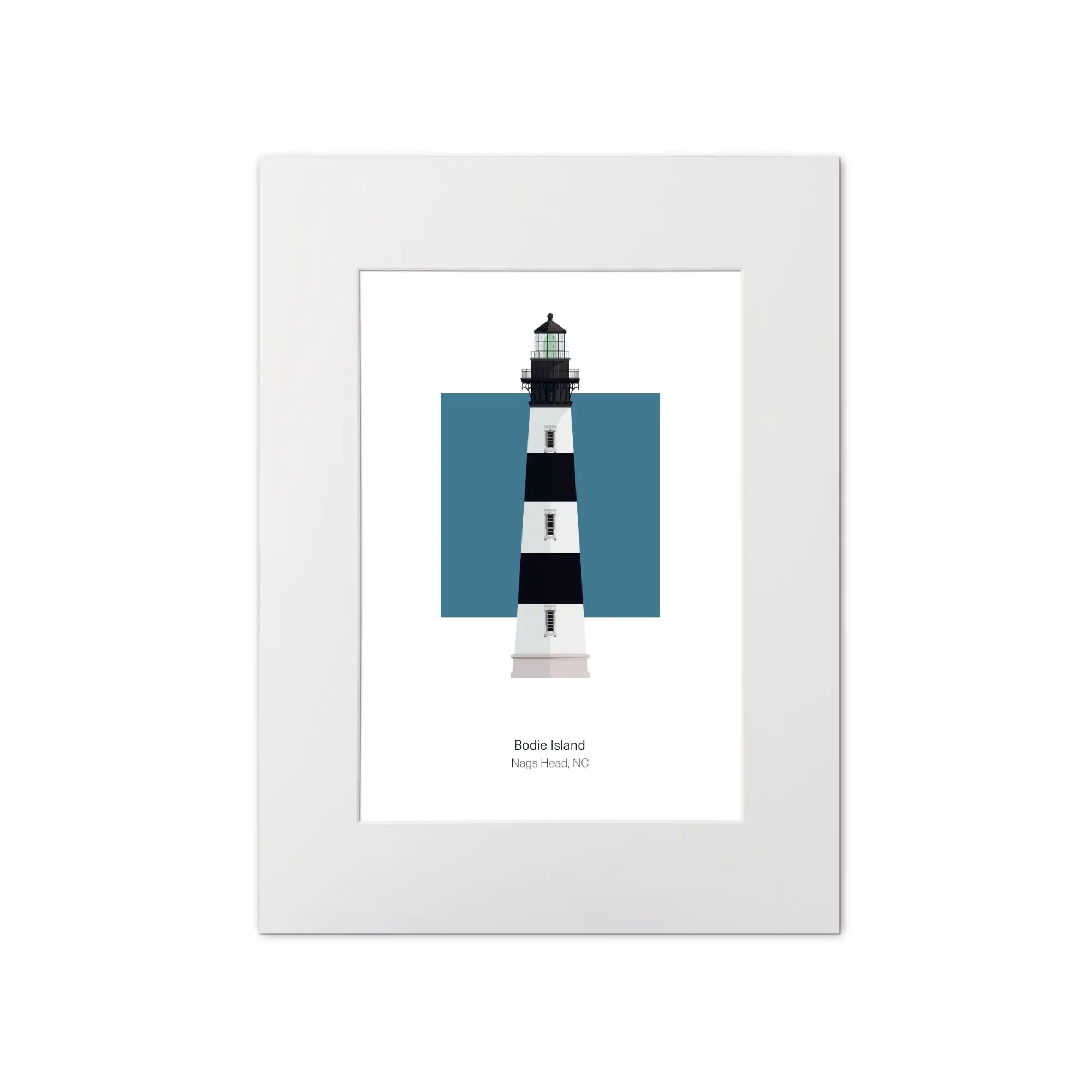 Illustration of the Bodie Island lighthouse, North Carolina, USA. On a white background with aqua blue square as a backdrop, mounted and measuring 12"x16" (30x40cm).