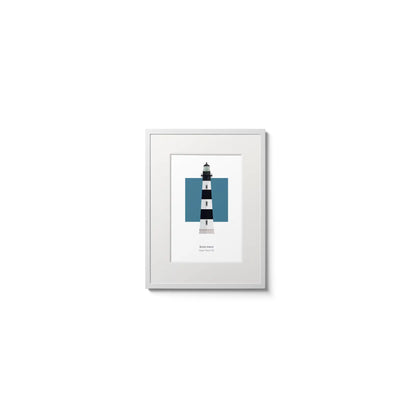 Illustration of the Bodie Island lighthouse, North Carolina, USA. On a white background with aqua blue square as a backdrop, in a white frame and measuring 6"x8" (15x20cm).