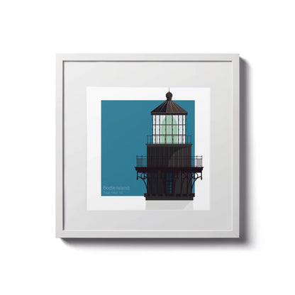 Framed print of Bodie Island Lighthouse, NC, USA. 8"x8" (20x20cm) white-framed lighthouse artwork featuring its bold stripes.