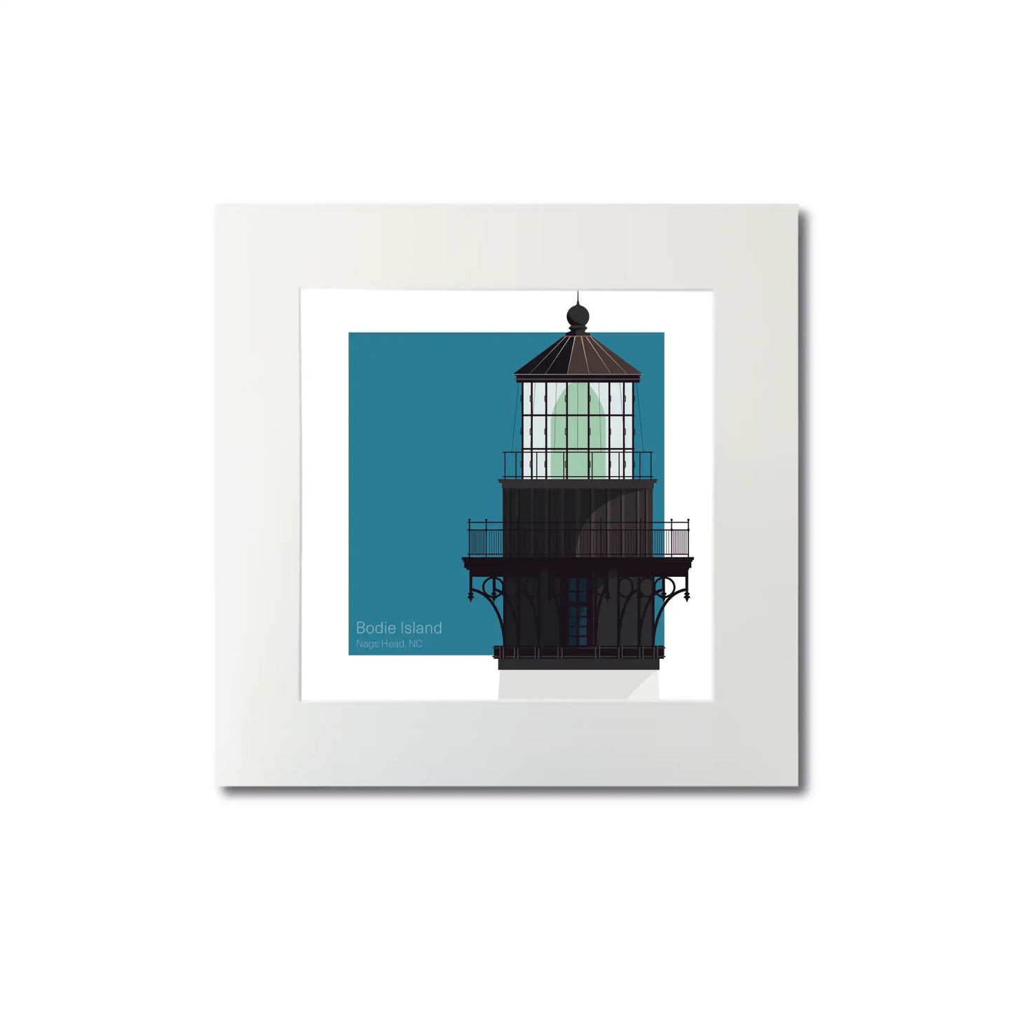 Mounted print of Bodie Island Lighthouse, NC, USA. Compact 8"x8" (20x20cm) unframed artwork with striking contrast.