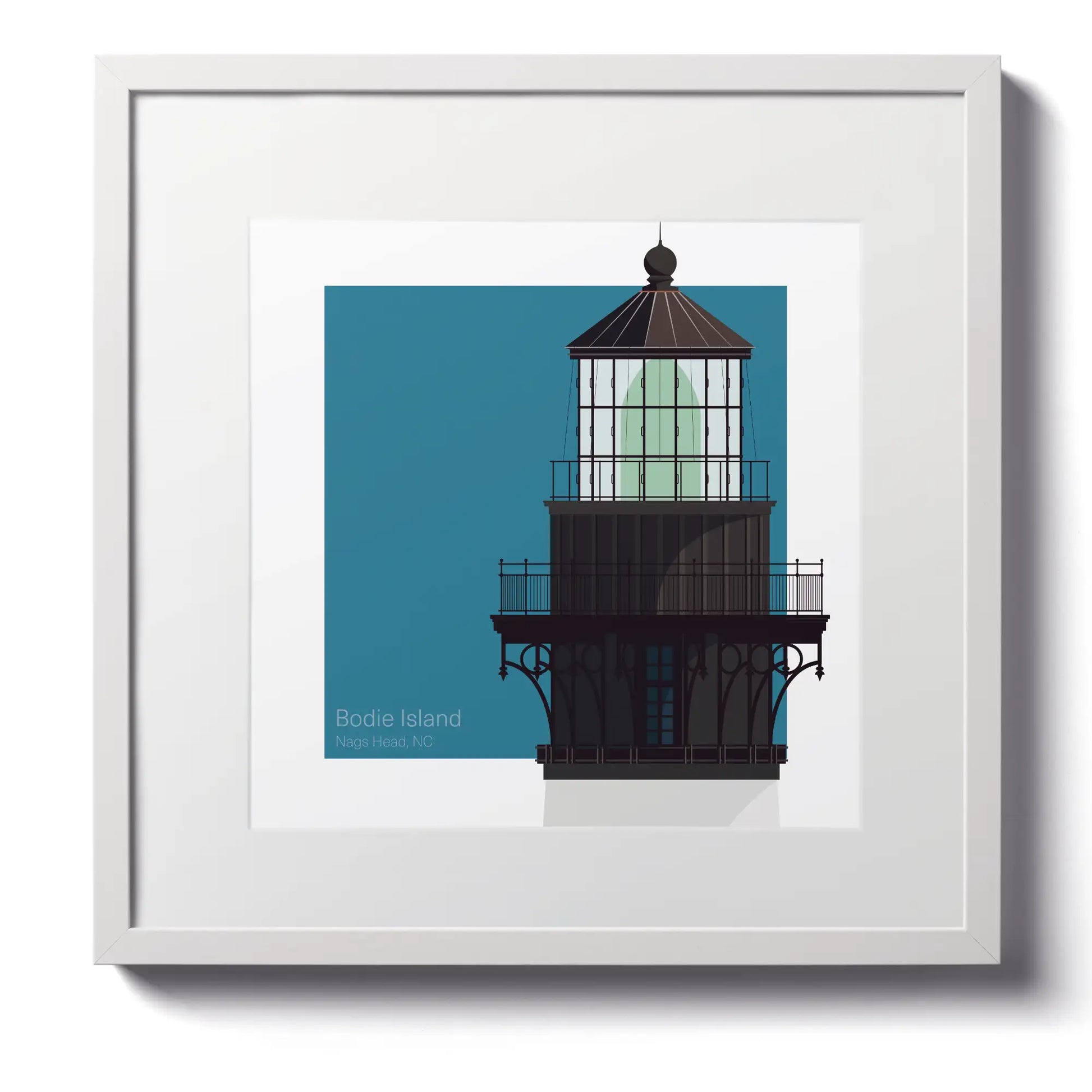 Large framed print of Bodie Island Lighthouse, NC, USA. A 12"x12" (30x30cm) framed nautical print for classic decor.