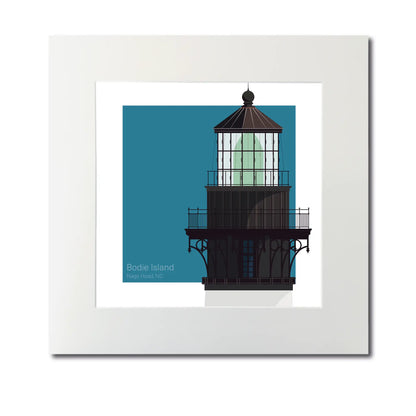 Large mounted print of Bodie Island Lighthouse, NC, USA. 12"x12" (30x30cm) unframed lighthouse illustration for maritime lovers.