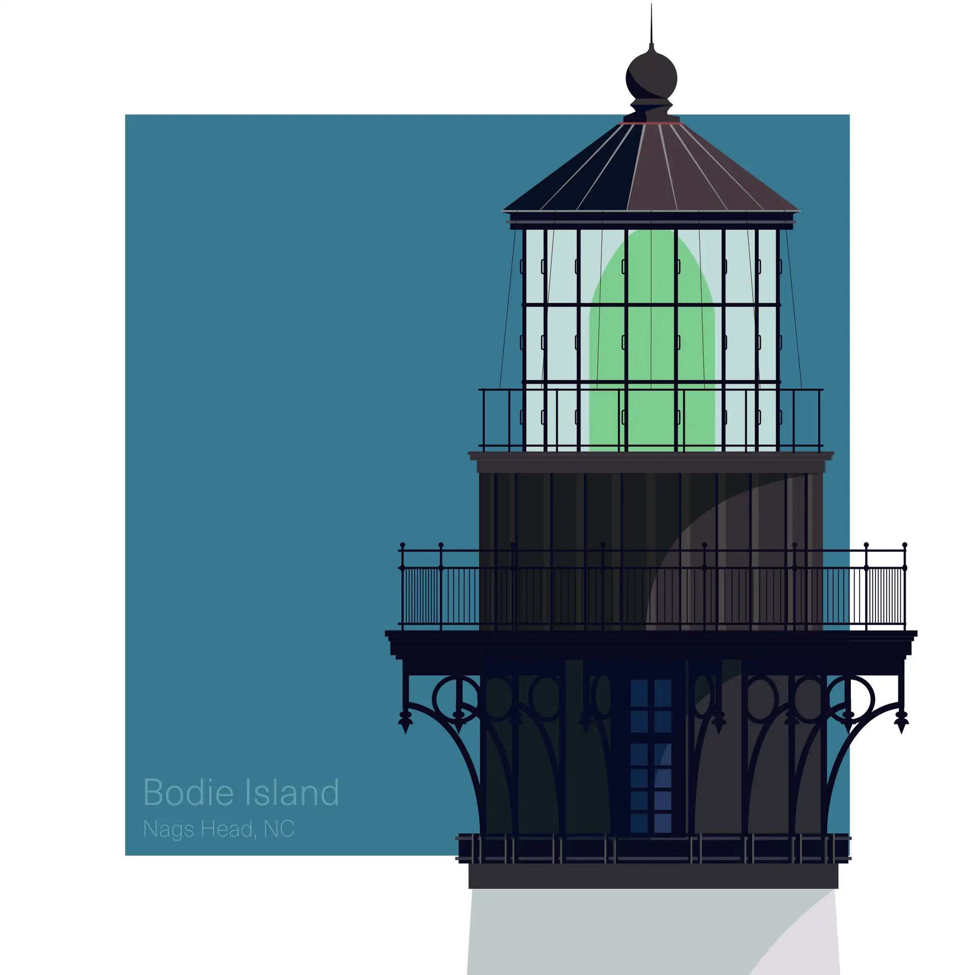 Illustration of Bodie Island Lighthouse, North Carolina, USA. A black-and-white horizontally striped lighthouse with a black lantern, set against an aqua blue square backdrop.