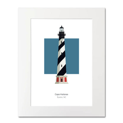 Illustration of the Cape Hatteras lighthouse, North Carolina, USA. On a white background with aqua blue square as a backdrop, mounted and measuring 16"x 20" (40x50cm).