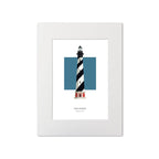 Illustration of the Cape Hatteras lighthouse, North Carolina, USA. On a white background with aqua blue square as a backdrop, mounted and measuring 12"x16" (30x40cm).