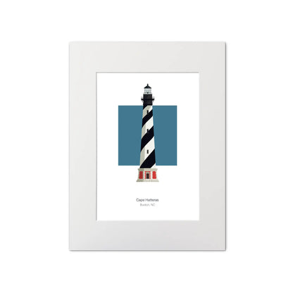 Illustration of the Cape Hatteras lighthouse, North Carolina, USA. On a white background with aqua blue square as a backdrop, mounted and measuring 12"x16" (30x40cm).