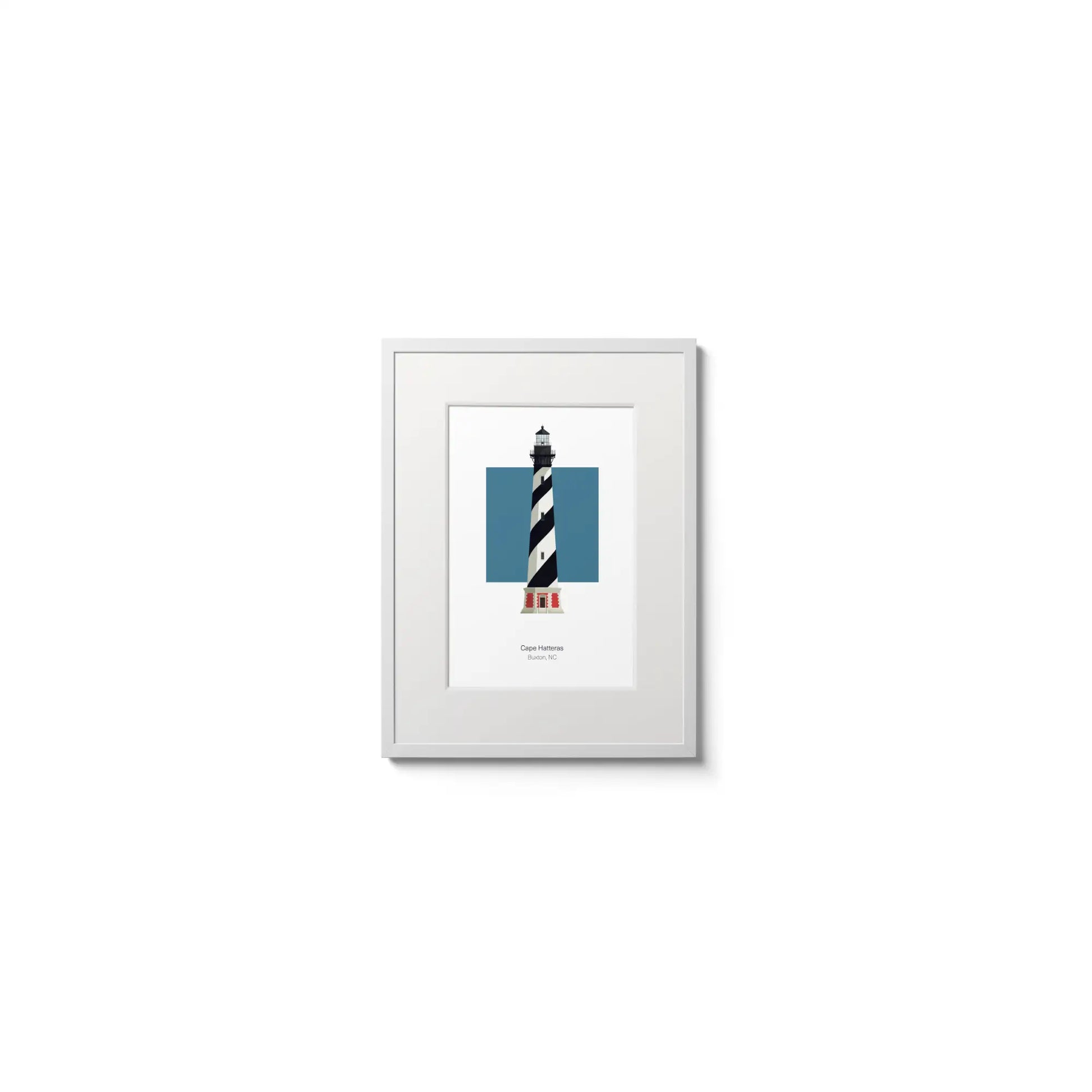 Illustration of the Cape Hatteras lighthouse, North Carolina, USA. On a white background with aqua blue square as a backdrop, in a white frame and measuring 6"x8" (15x20cm).