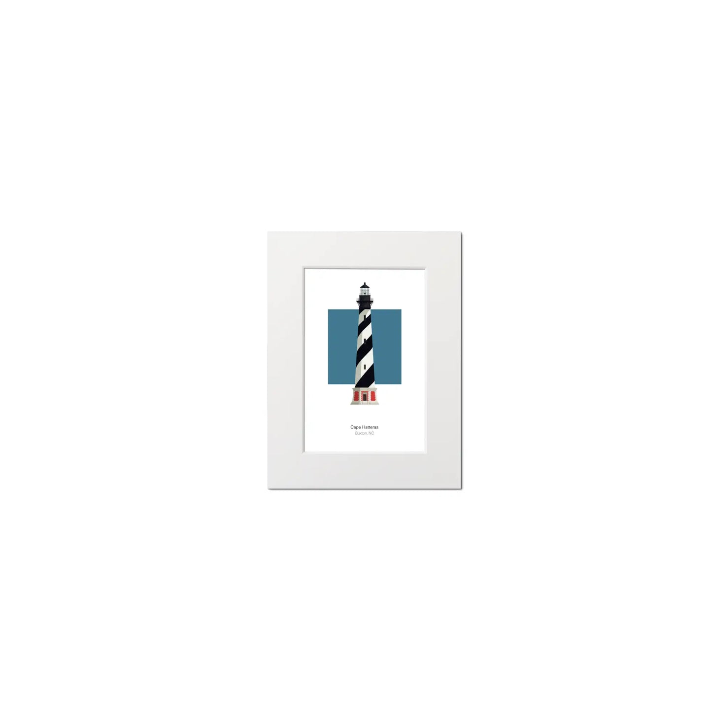 Illustration of the Cape Hatteras lighthouse, North Carolina, USA. On a white background with aqua blue square as a backdrop, mounted and measuring 6"x8" (15x20cm).