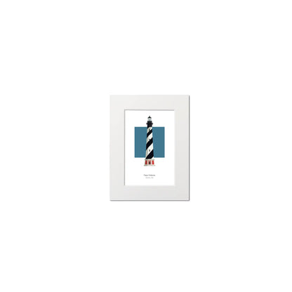 Illustration of the Cape Hatteras lighthouse, North Carolina, USA. On a white background with aqua blue square as a backdrop, mounted and measuring 6"x8" (15x20cm).