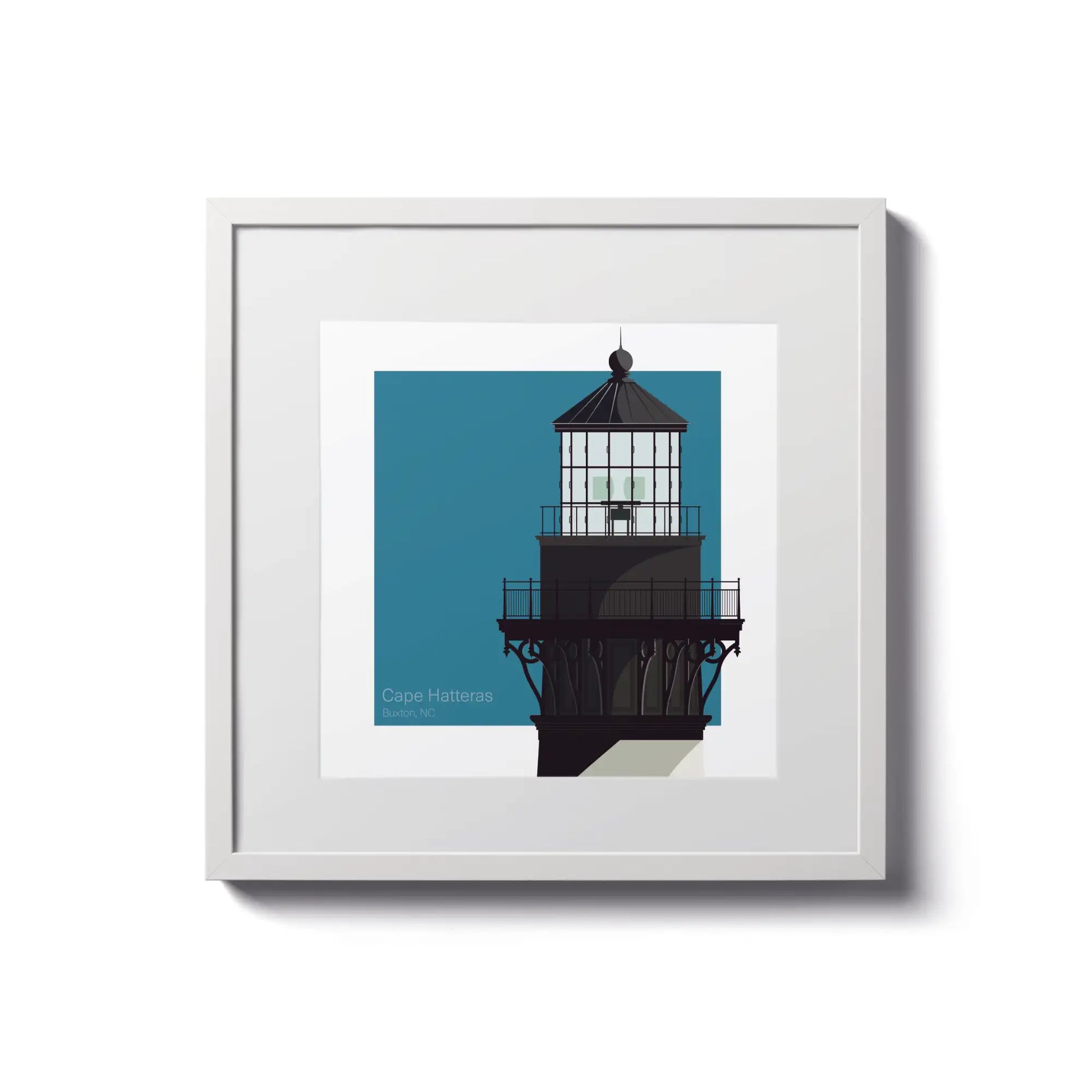 Framed print of Cape Hatteras Lighthouse, NC, USA. 8"x8" (20x20cm) white-framed artwork of this famous coastal beacon.