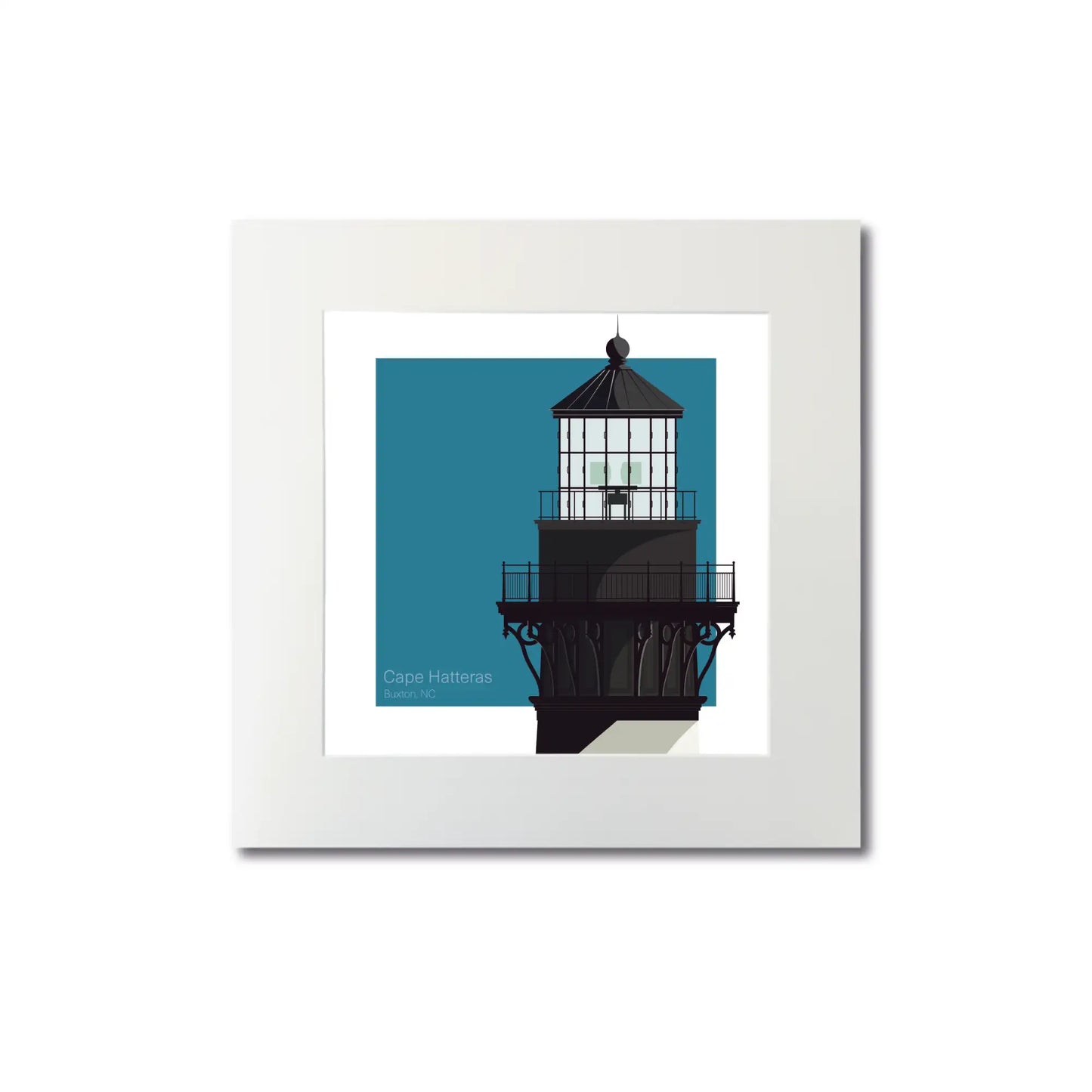 Mounted print of Cape Hatteras Lighthouse, NC, USA. 8"x8" (20x20cm) unframed artwork featuring its signature spiral stripes.