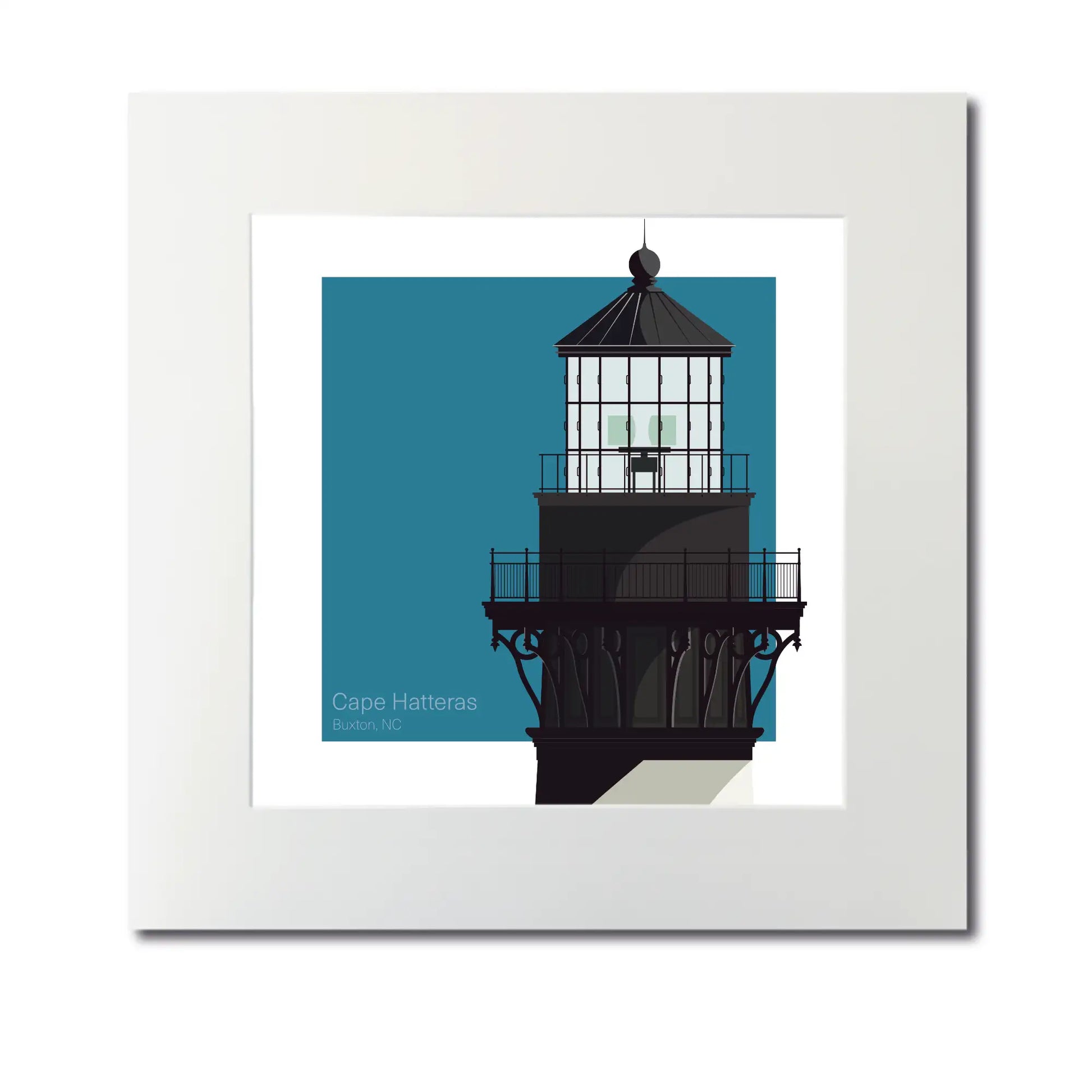 Large mounted print of Cape Hatteras Lighthouse, NC, USA. 12"x12" (30x30cm) unframed lighthouse artwork for nautical enthusiasts.