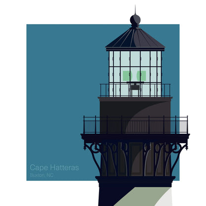 Illustration of Cape Hatteras Lighthouse, North Carolina, USA. A striking black-and-white spiral lighthouse, positioned against an aqua blue square backdrop.