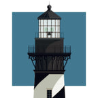 Illustration of the Cape Hatteras lighthouse, North Carolina, USA. On a white background with aqua blue square as a backdrop.