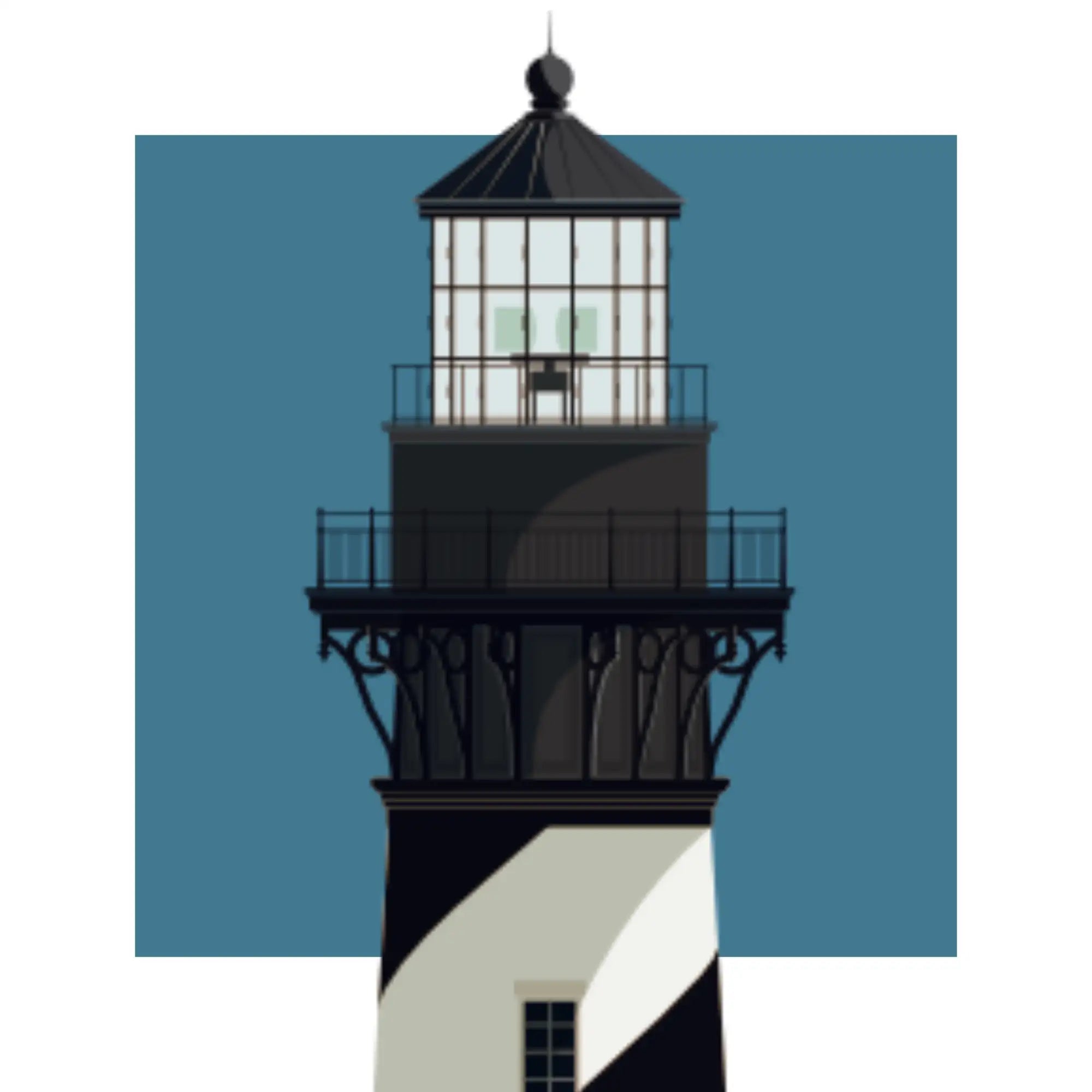 Illustration of the Cape Hatteras lighthouse, North Carolina, USA. On a white background with aqua blue square as a backdrop.
