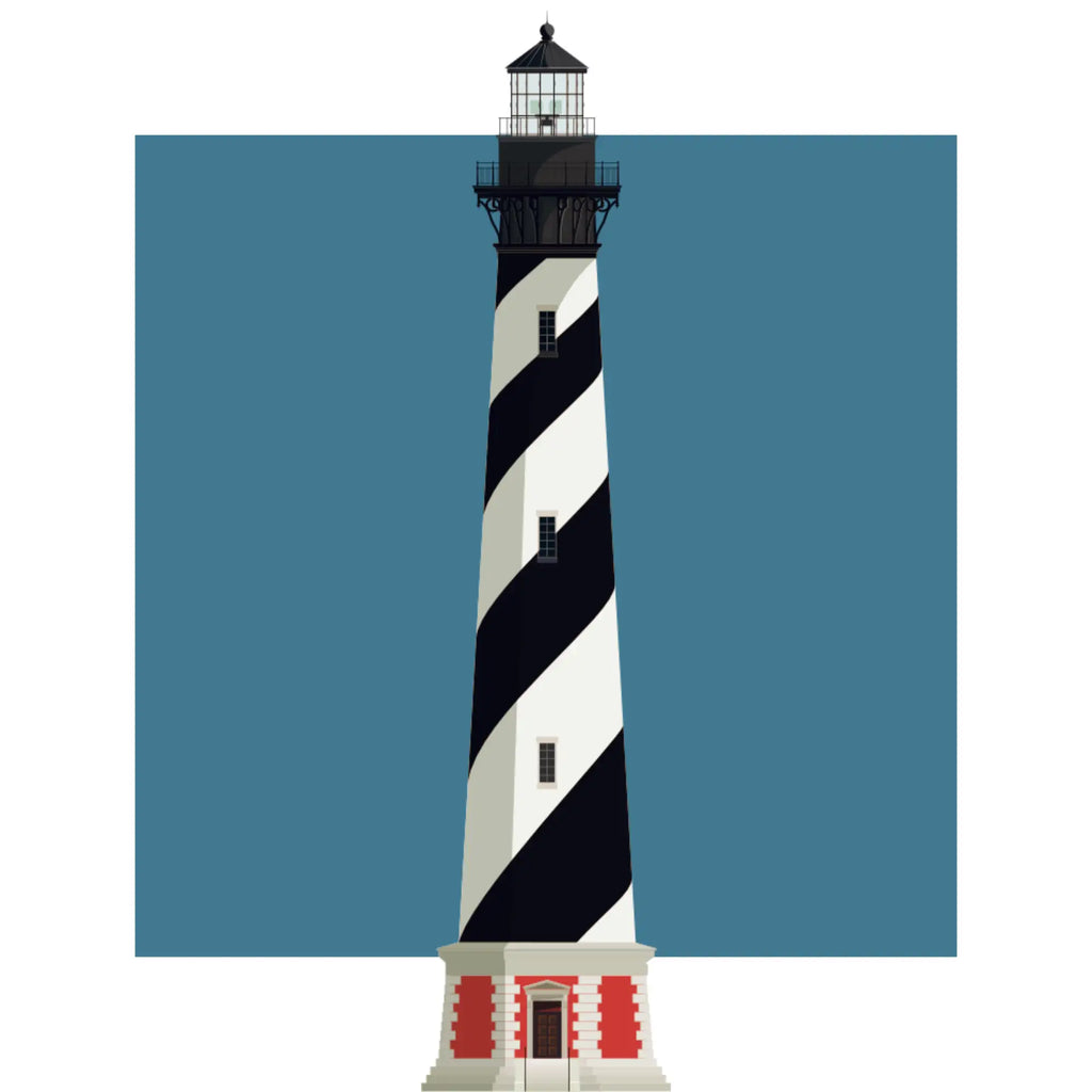 Close-up detail of the Bodie Island lighthouse, North Carolina, USA, with aqua blue square backdrop.