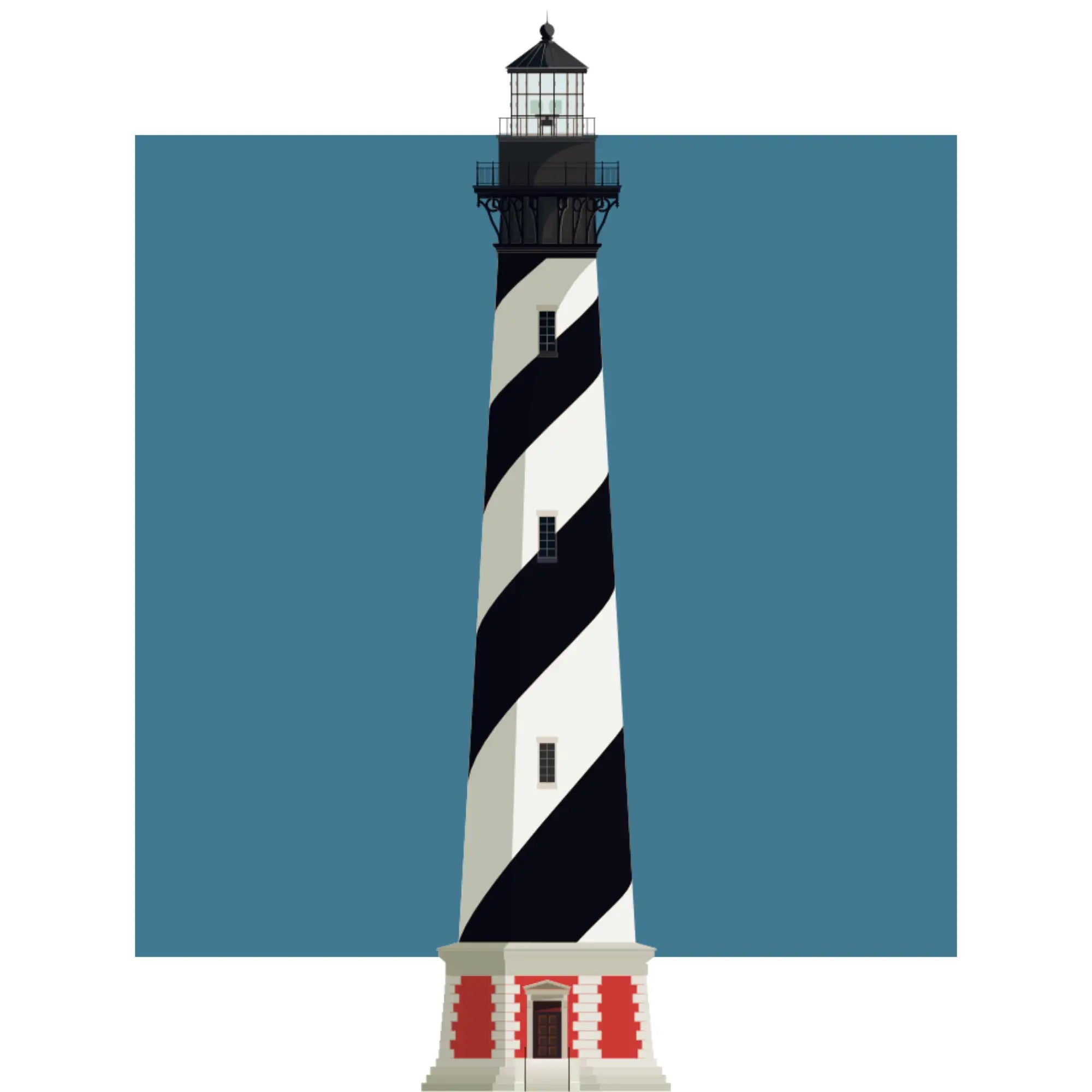 Close-up detail of the Bodie Island lighthouse, North Carolina, USA, with aqua blue square backdrop.