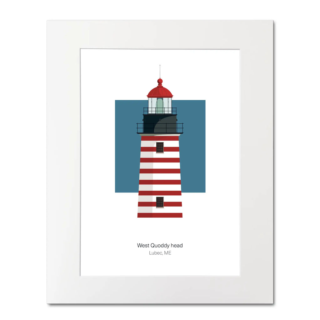 Illustration of the West Quoddy lighthouse, Main, USA. On a white background with aqua blue square as a backdrop, mounted and measuring 16"x 20" (40x50cm).