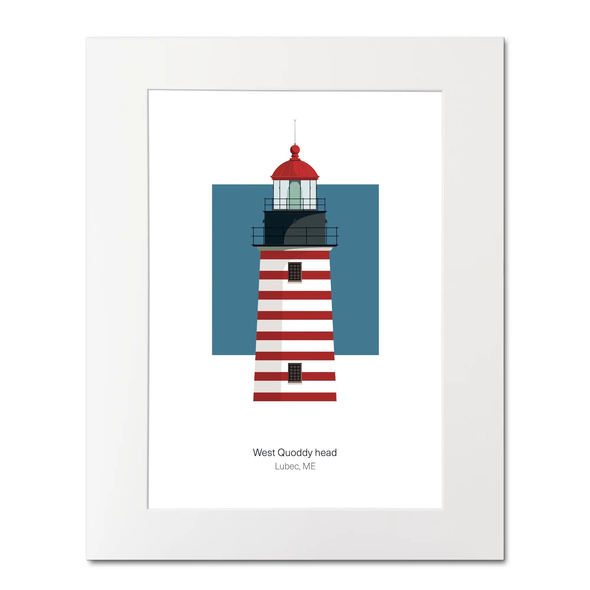 Illustration of the West Quoddy lighthouse, Main, USA. On a white background with aqua blue square as a backdrop, mounted and measuring 16"x 20" (40x50cm).