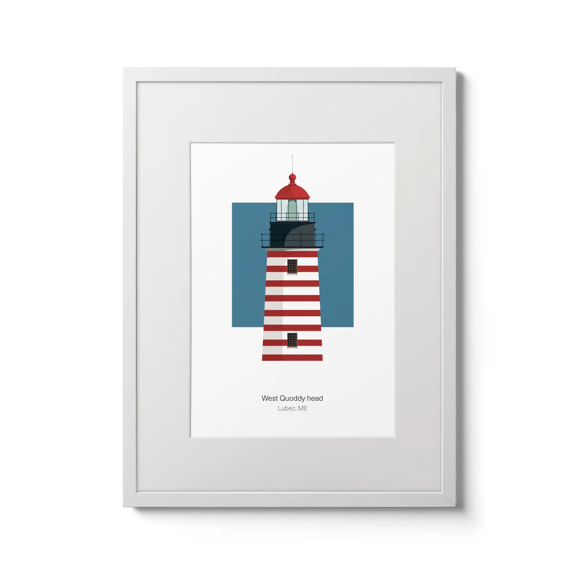 Illustration of the West Quoddy lighthouse, Main, USA. On a white background with aqua blue square as a backdrop., in a white frame and measuring 12"x16" (30x40cm).