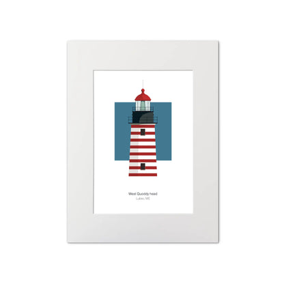 Illustration of the West Quoddy lighthouse, Main, USA. On a white background with aqua blue square as a backdrop, mounted and measuring 12"x16" (30x40cm).