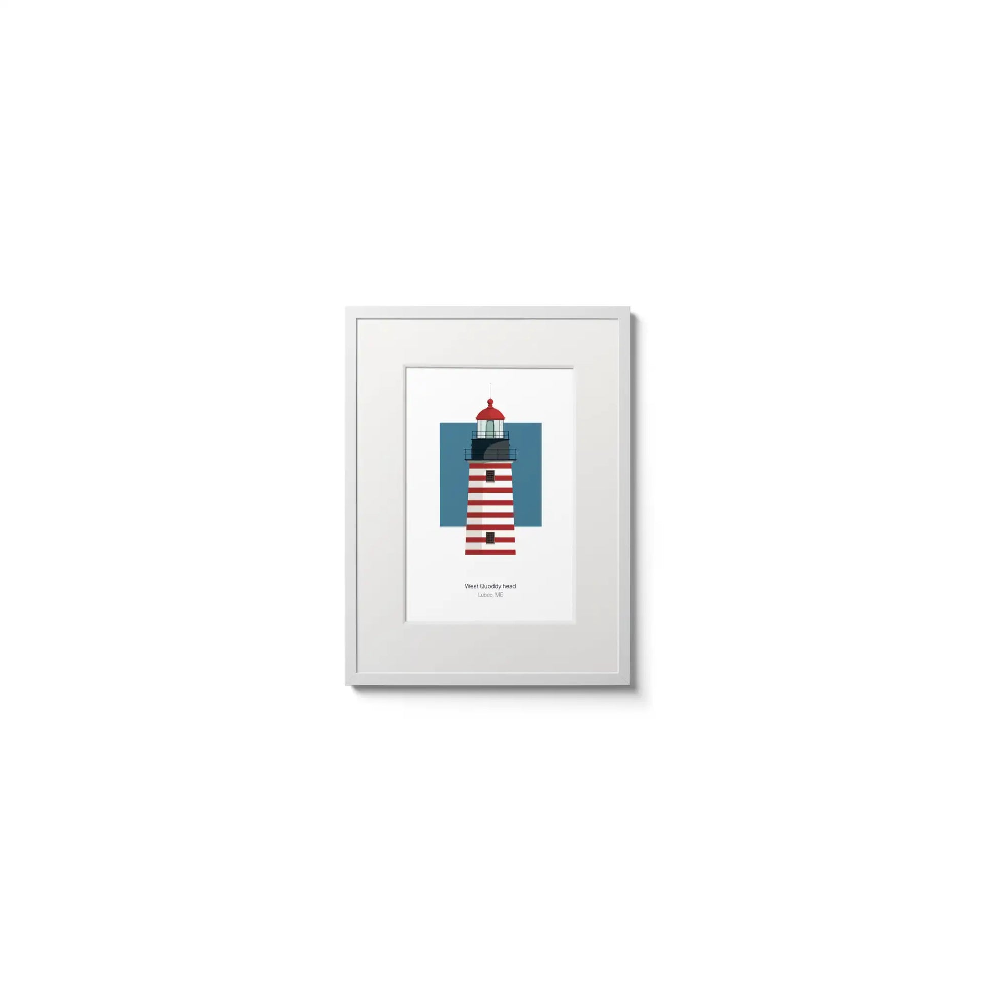 Illustration of the West Quoddy lighthouse, Main, USA. On a white background with aqua blue square as a backdrop, in a white frame and measuring 6"x8" (15x20cm).