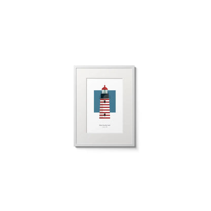 Illustration of the West Quoddy lighthouse, Main, USA. On a white background with aqua blue square as a backdrop, in a white frame and measuring 6"x8" (15x20cm).