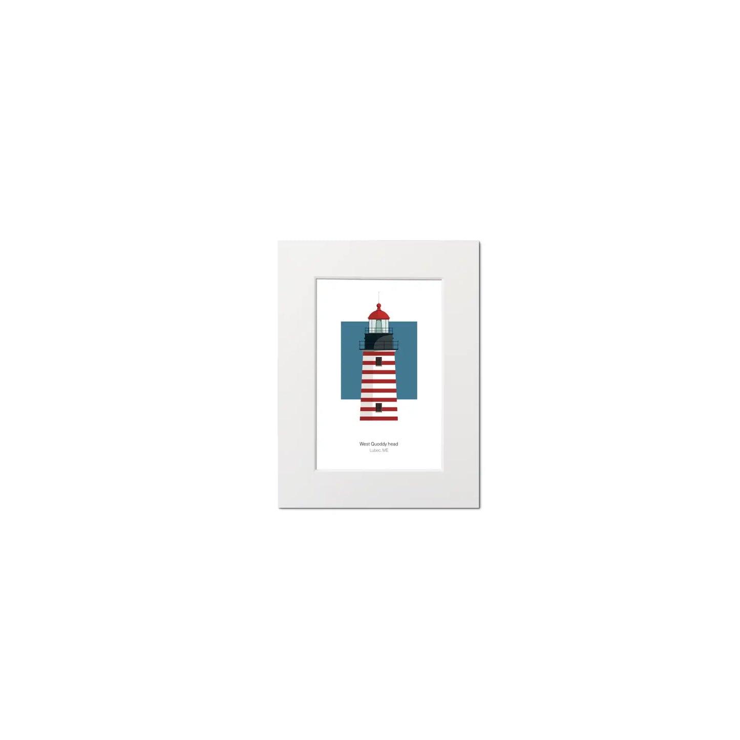 Illustration of the West Quoddy lighthouse, Main, USA. On a white background with aqua blue square as a backdrop, mounted and measuring 6"x8" (15x20cm).