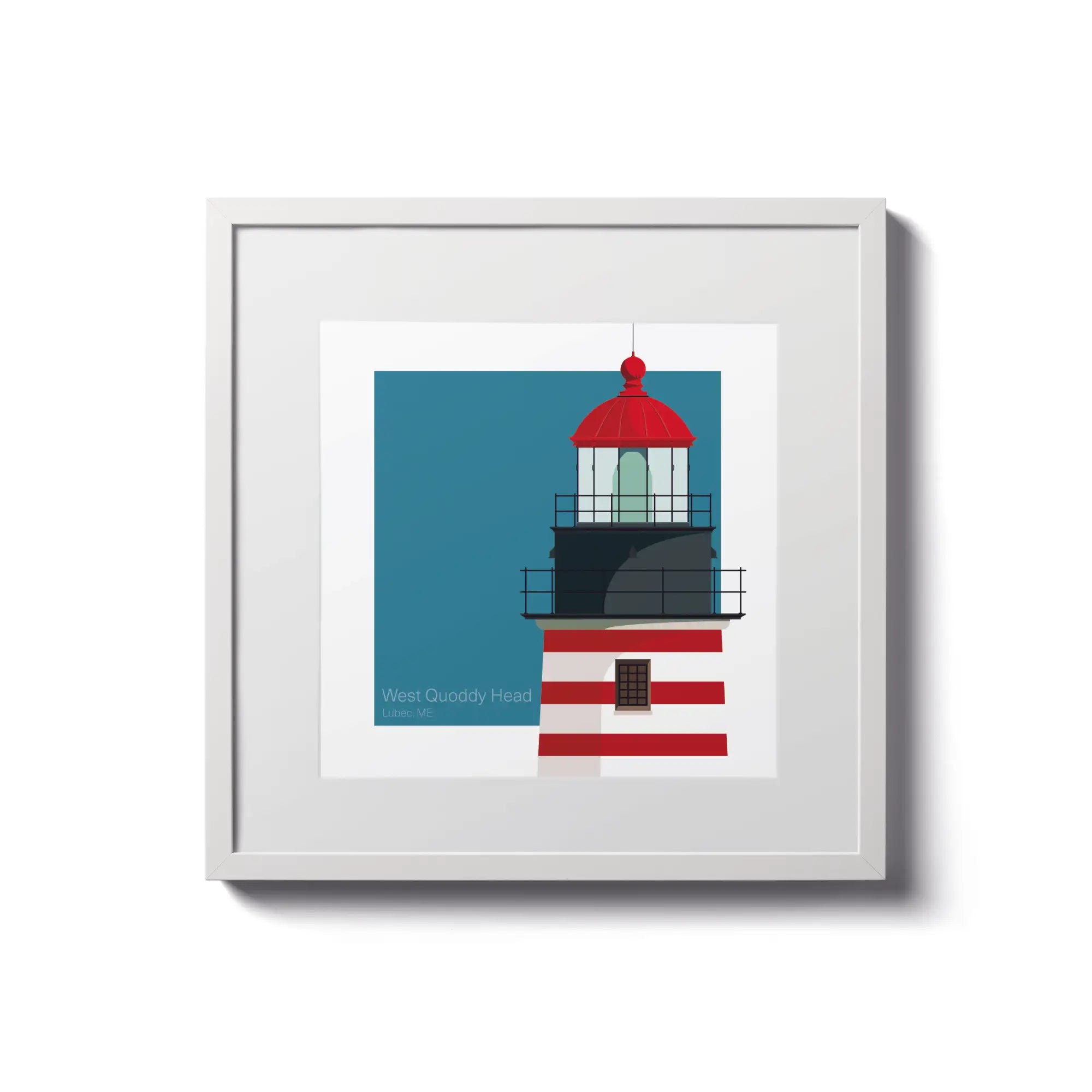 Framed print of West Quoddy Head Lighthouse, ME, USA. 8"x8" (20x20cm) white-framed lighthouse artwork for vibrant decor.