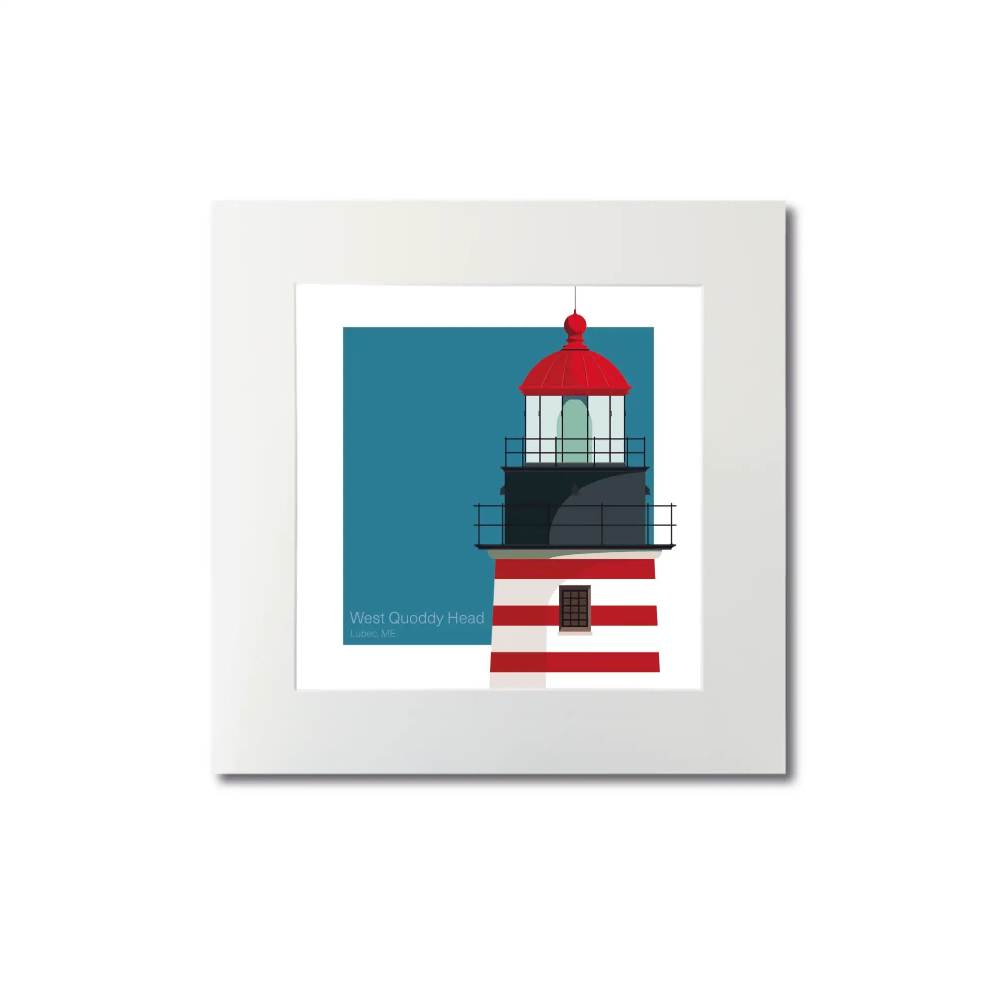 Mounted print of West Quoddy Head Lighthouse, ME, USA. 8"x8" (20x20cm) unframed artwork featuring bold stripes.