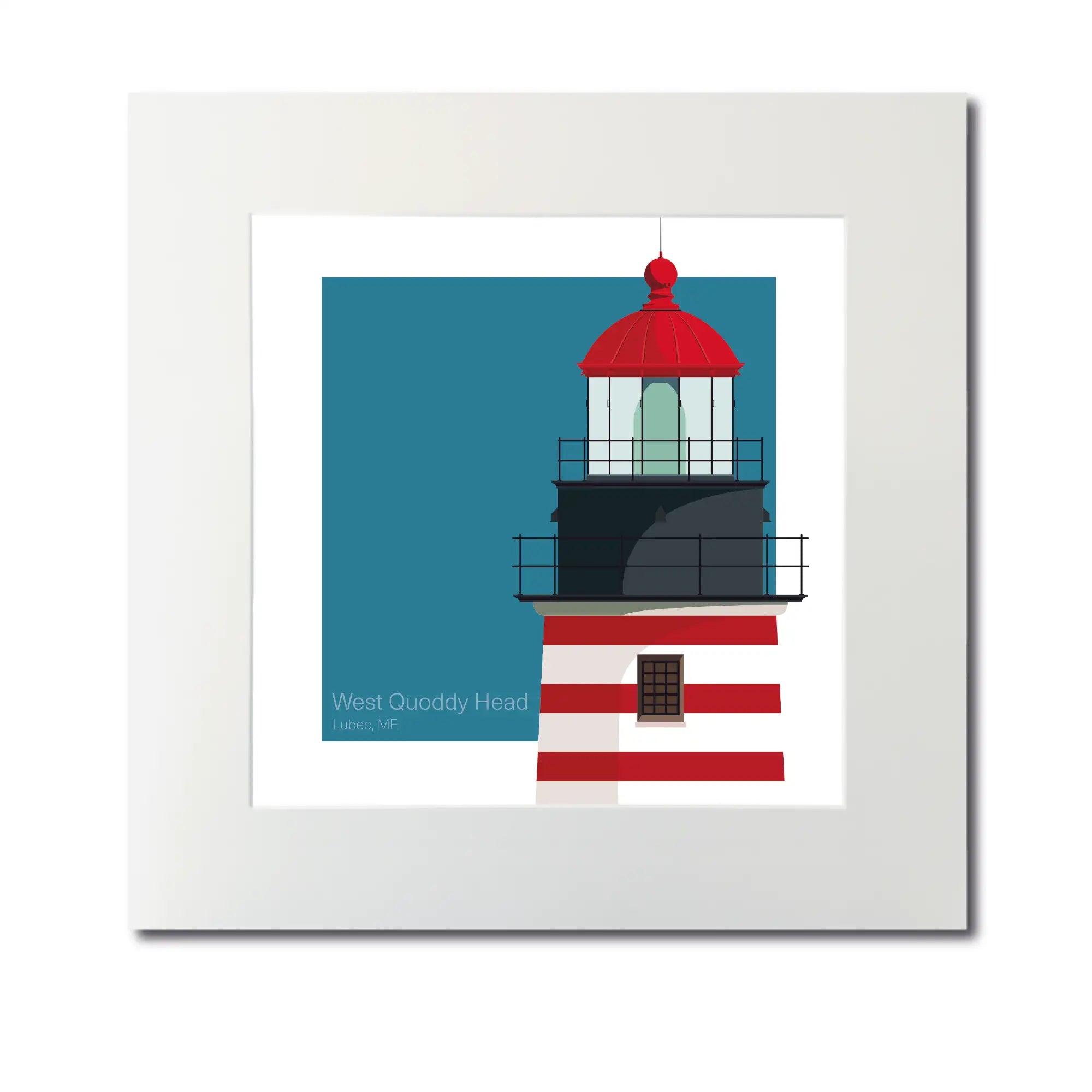 Large mounted print of West Quoddy Head Lighthouse, ME, USA. 12"x12" (30x30cm) unframed lighthouse illustration for maritime lovers.
