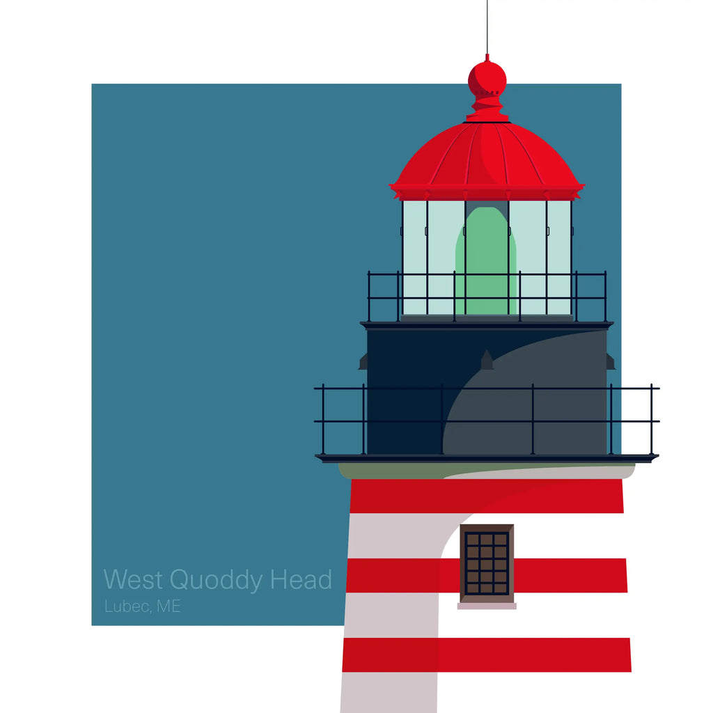 Illustration of West Quoddy Head Lighthouse, Maine, USA. A red-and-white horizontally striped tower, set against an aqua blue square backdrop.
